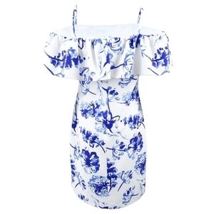 RALPH LAUREN Cold Shoulder Blue Floral‎ Crepe Midi Dress Cottagecore Women's 8